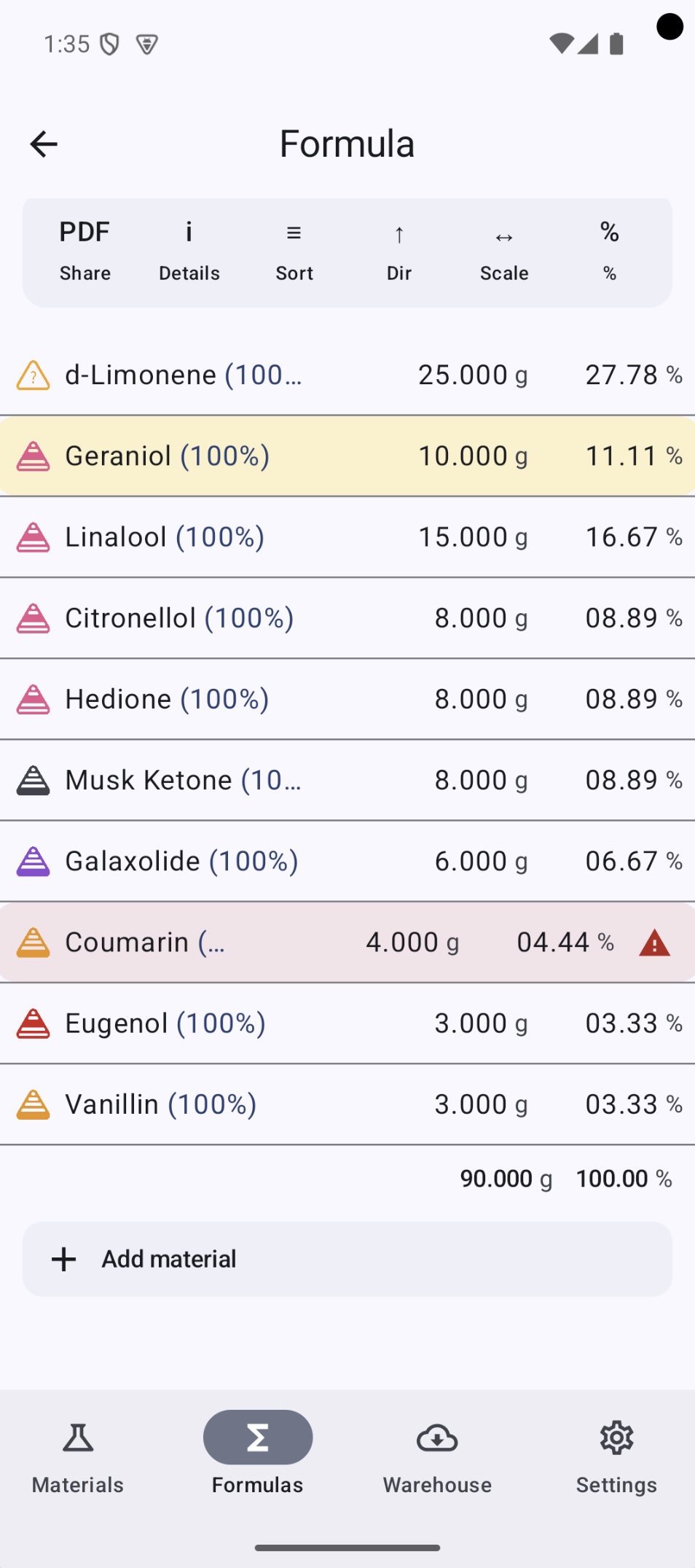Formulab Pro formula screen on Android